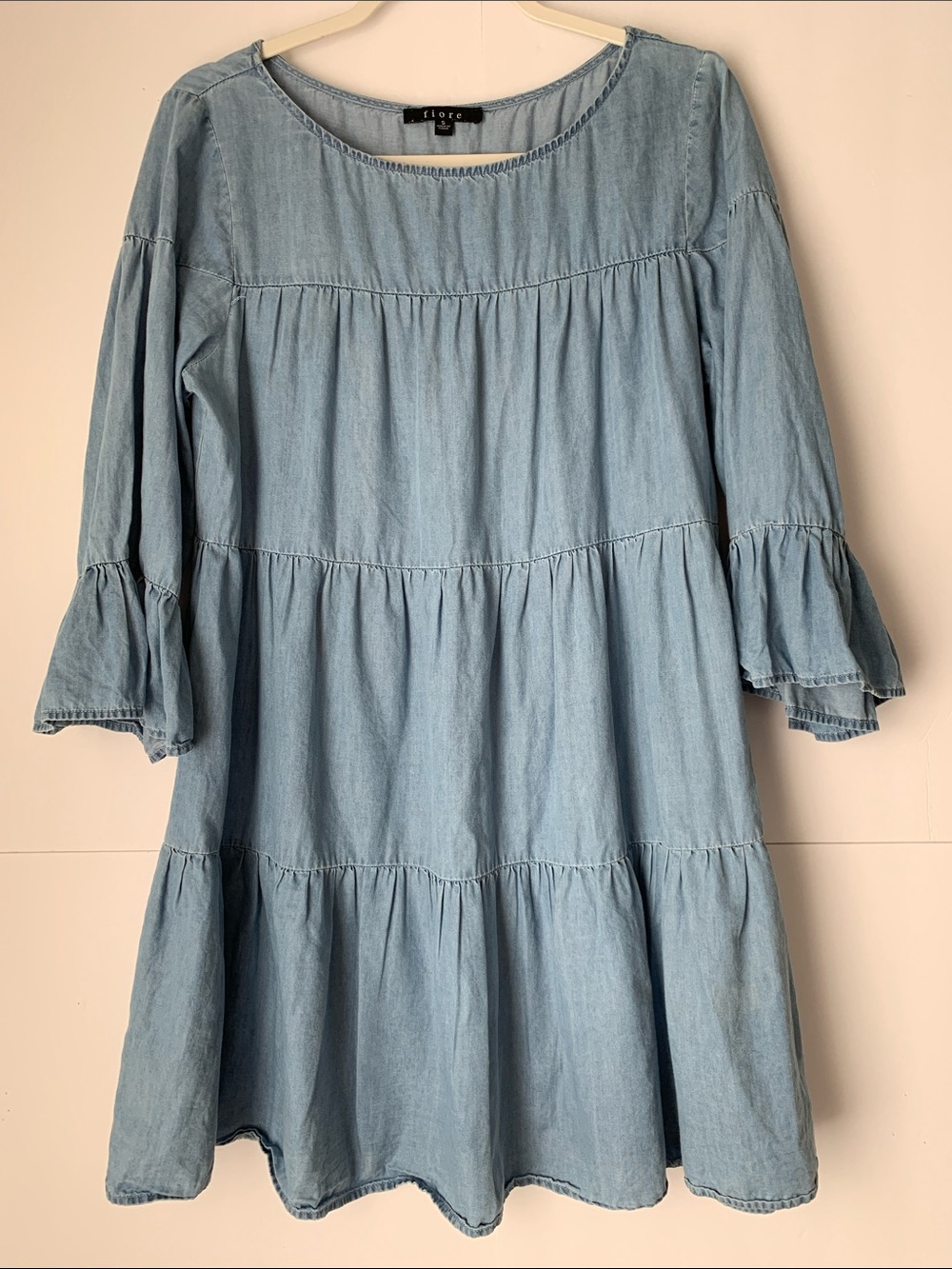 Fiore Blue Chambray Tiered Bell Sleeve Dress Size S Cotton Tencel